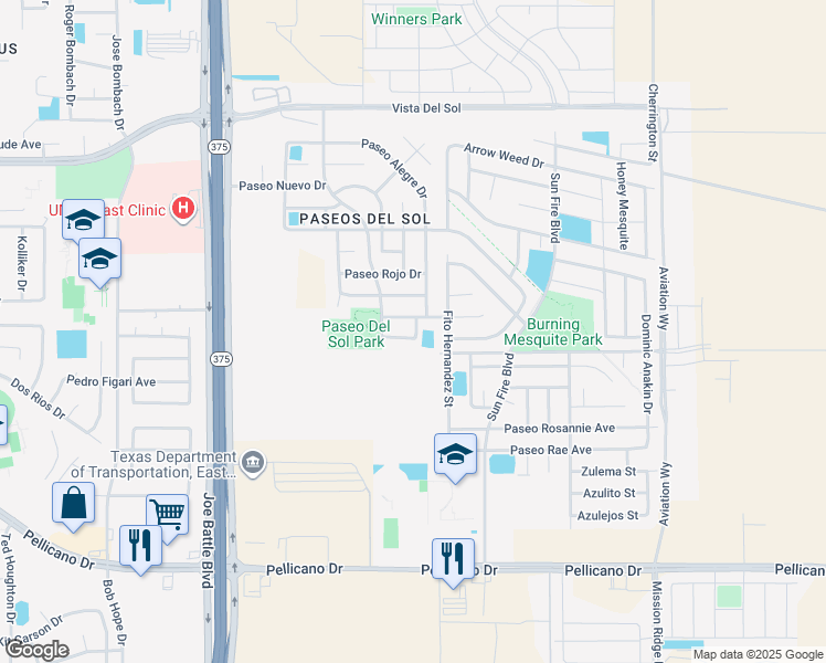 map of restaurants, bars, coffee shops, grocery stores, and more near 12477 Paseo Lago Drive in El Paso