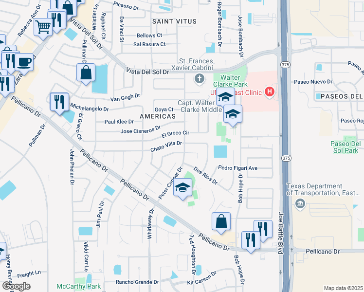 map of restaurants, bars, coffee shops, grocery stores, and more near 12174 Chato Villa Drive in El Paso