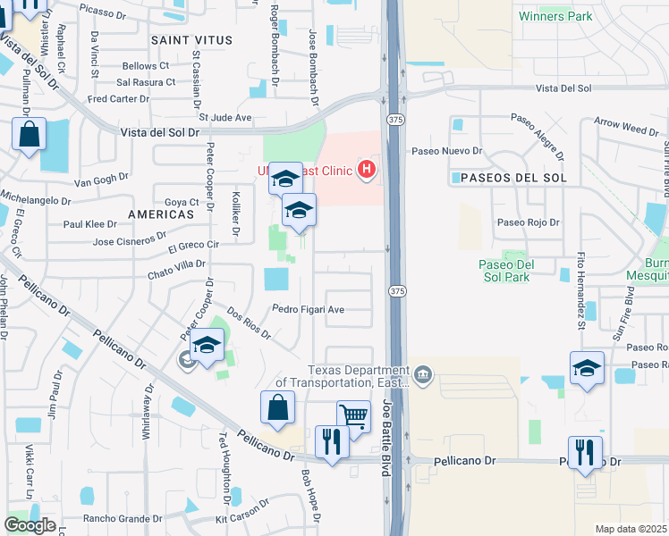 map of restaurants, bars, coffee shops, grocery stores, and more near 1450 Cassatt Place in El Paso