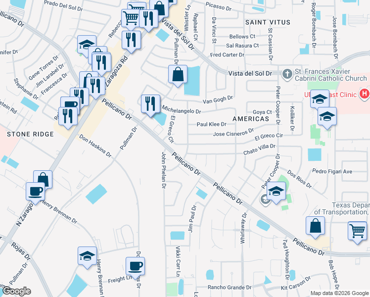 map of restaurants, bars, coffee shops, grocery stores, and more near 12040 El Greco Circle in El Paso