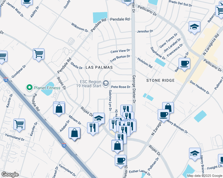 map of restaurants, bars, coffee shops, grocery stores, and more near 11800 Pete Rose Drive in El Paso