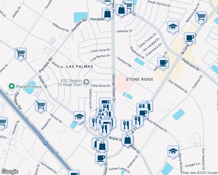 map of restaurants, bars, coffee shops, grocery stores, and more near 11852 Pete Rose Drive in El Paso