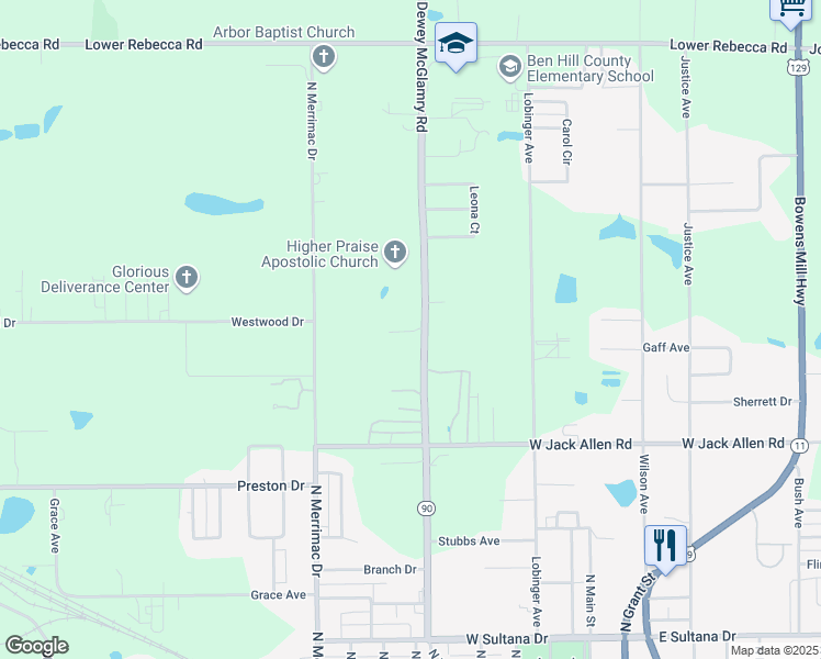 map of restaurants, bars, coffee shops, grocery stores, and more near 224 Dewey McGlamry Road in Fitzgerald