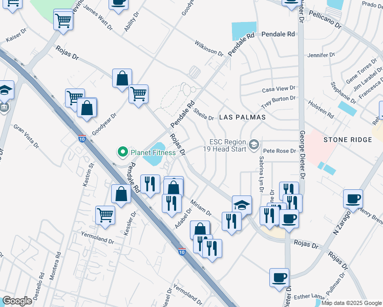 map of restaurants, bars, coffee shops, grocery stores, and more near 11604 Chito Samaniego Drive in El Paso