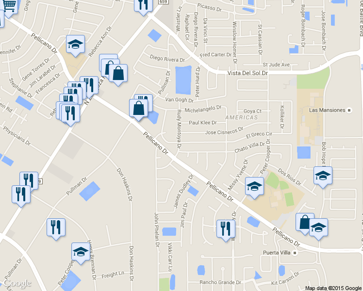 map of restaurants, bars, coffee shops, grocery stores, and more near 12040 El Greco Circle in El Paso