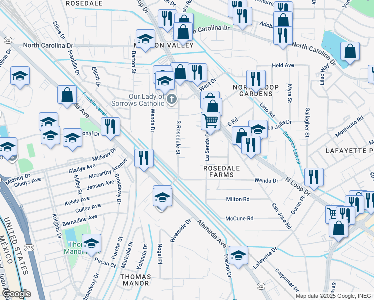 map of restaurants, bars, coffee shops, grocery stores, and more near 7850 La Senda Drive in El Paso