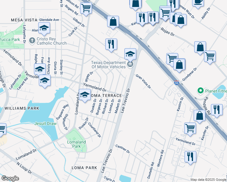 map of restaurants, bars, coffee shops, grocery stores, and more near 1001 Lomita Drive in El Paso