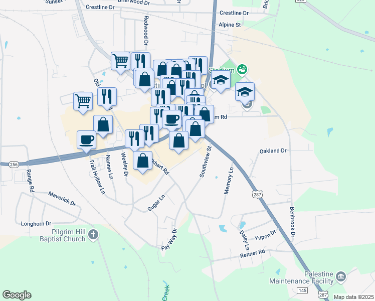 map of restaurants, bars, coffee shops, grocery stores, and more near 1930 Route 256 Loop in Palestine