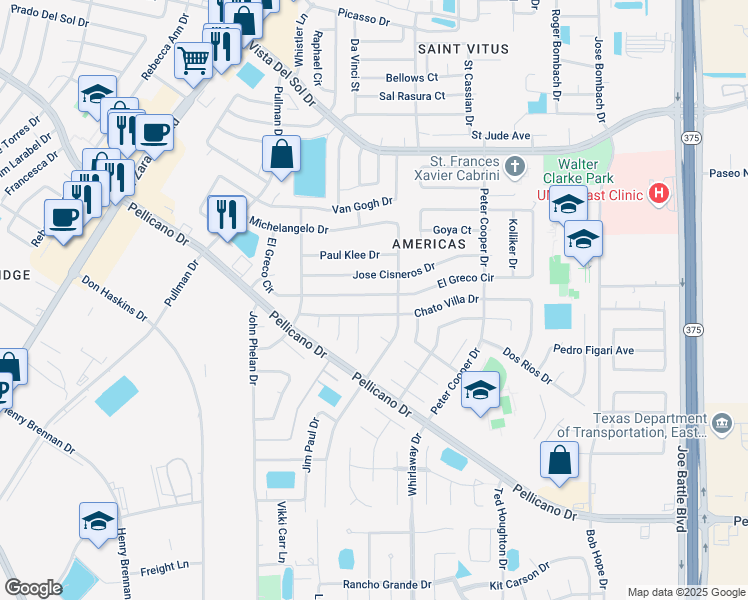 map of restaurants, bars, coffee shops, grocery stores, and more near 12074 El Greco Circle in El Paso