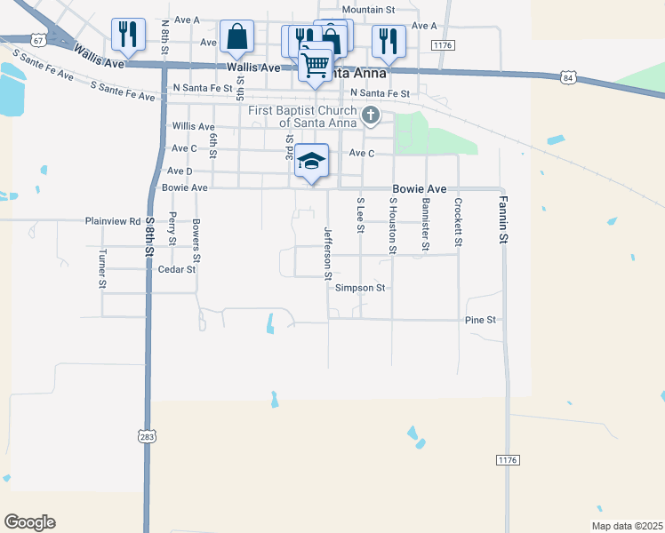 map of restaurants, bars, coffee shops, grocery stores, and more near 703 Jefferson Street in Santa Anna