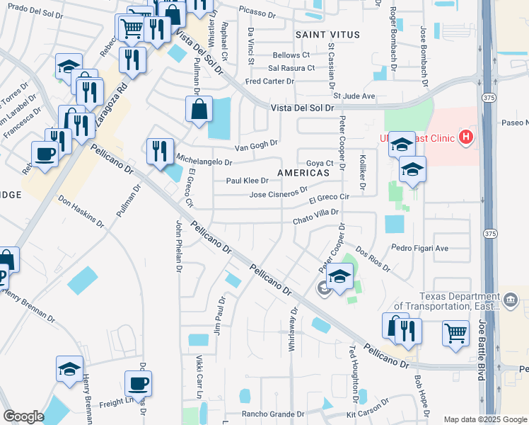 map of restaurants, bars, coffee shops, grocery stores, and more near 12074 El Greco Circle in El Paso