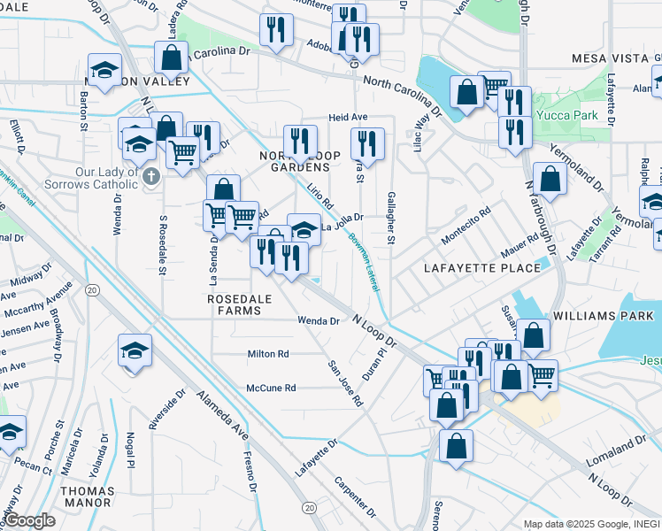 map of restaurants, bars, coffee shops, grocery stores, and more near 433 Grace Place in El Paso