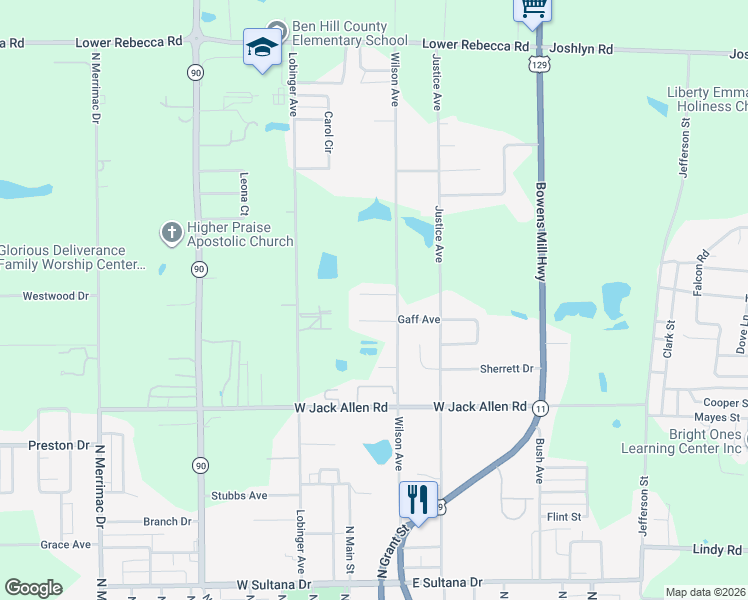 map of restaurants, bars, coffee shops, grocery stores, and more near 110 Dylan Court in Fitzgerald
