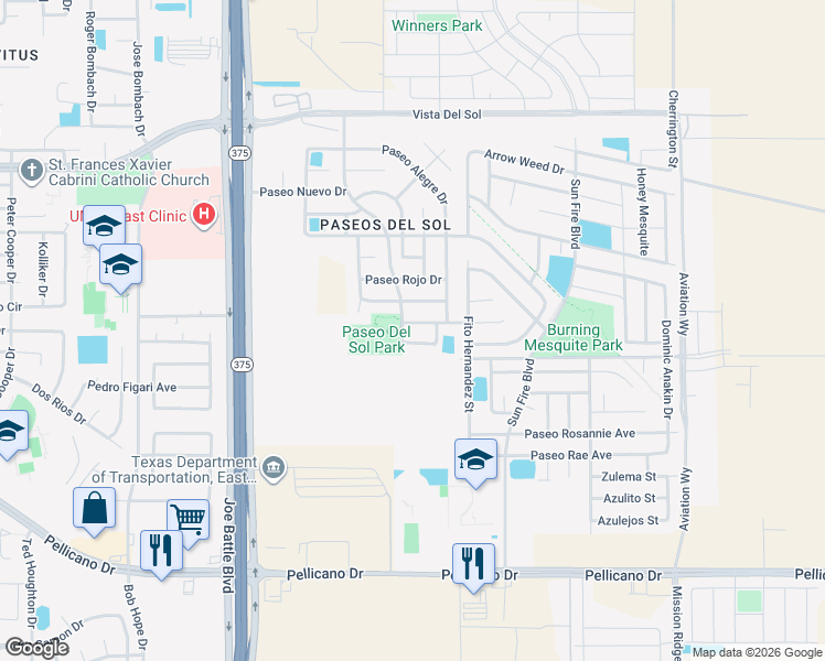map of restaurants, bars, coffee shops, grocery stores, and more near 12477 Paseo Lago Drive in El Paso