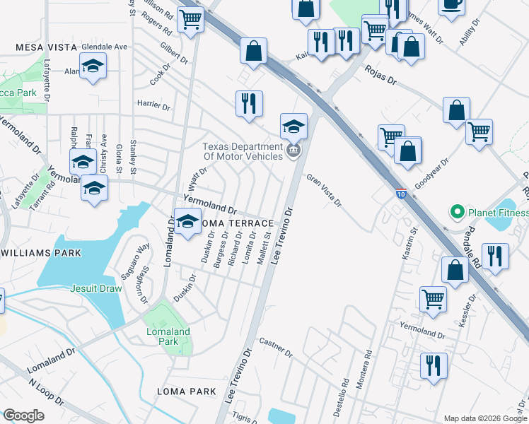 map of restaurants, bars, coffee shops, grocery stores, and more near 1001 Lomita Drive in El Paso