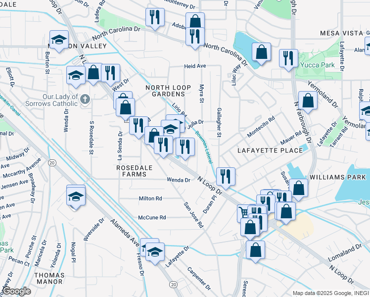 map of restaurants, bars, coffee shops, grocery stores, and more near 433 Grace Place in El Paso