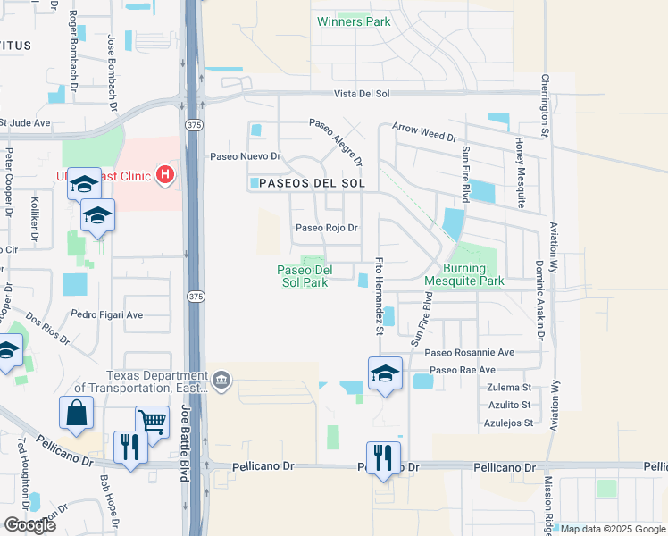 map of restaurants, bars, coffee shops, grocery stores, and more near 12477 Paseo Lago Drive in El Paso