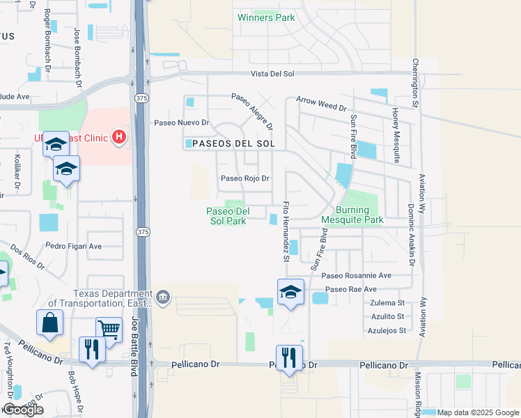 map of restaurants, bars, coffee shops, grocery stores, and more near 12474 Paseo Azul Drive in El Paso