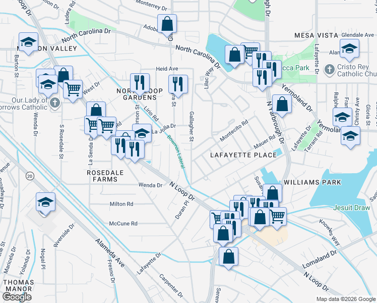 map of restaurants, bars, coffee shops, grocery stores, and more near 437 Gallagher Street in El Paso