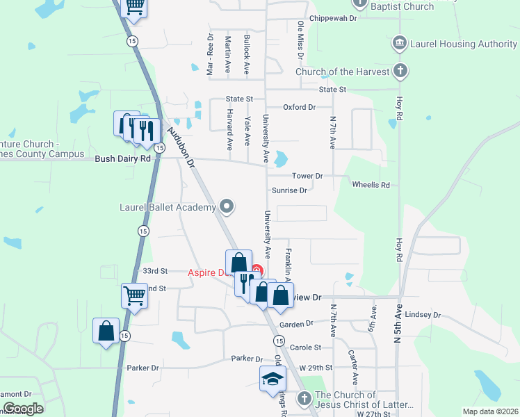 map of restaurants, bars, coffee shops, grocery stores, and more near 3472 University Avenue in Laurel