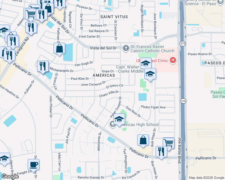 map of restaurants, bars, coffee shops, grocery stores, and more near 12136 Chato Villa Drive in El Paso