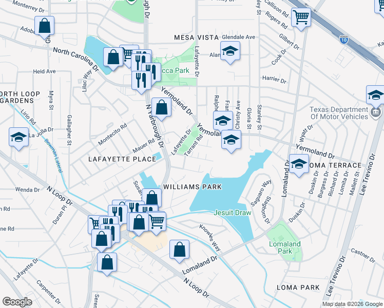 map of restaurants, bars, coffee shops, grocery stores, and more near 702 Hilton Avenue in El Paso