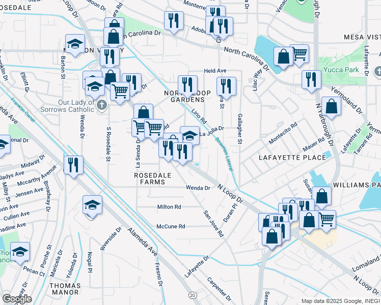 map of restaurants, bars, coffee shops, grocery stores, and more near 412 Emerson Street in El Paso