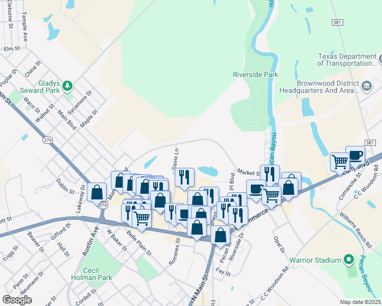 map of restaurants, bars, coffee shops, grocery stores, and more near 1500 Davis Lane in Brownwood