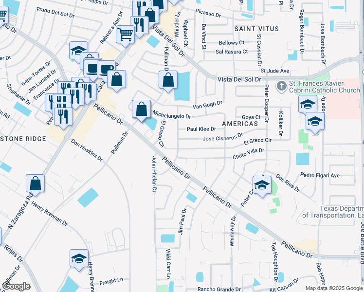 map of restaurants, bars, coffee shops, grocery stores, and more near 12040 El Greco Circle in El Paso