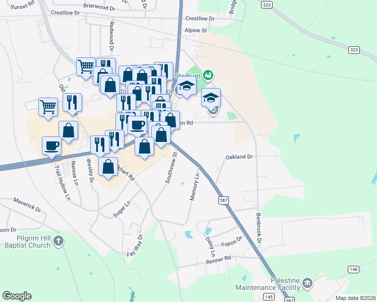 map of restaurants, bars, coffee shops, grocery stores, and more near 2201-2299 Crockett Road in Palestine