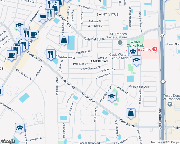 map of restaurants, bars, coffee shops, grocery stores, and more near 12083 El Greco Circle in El Paso