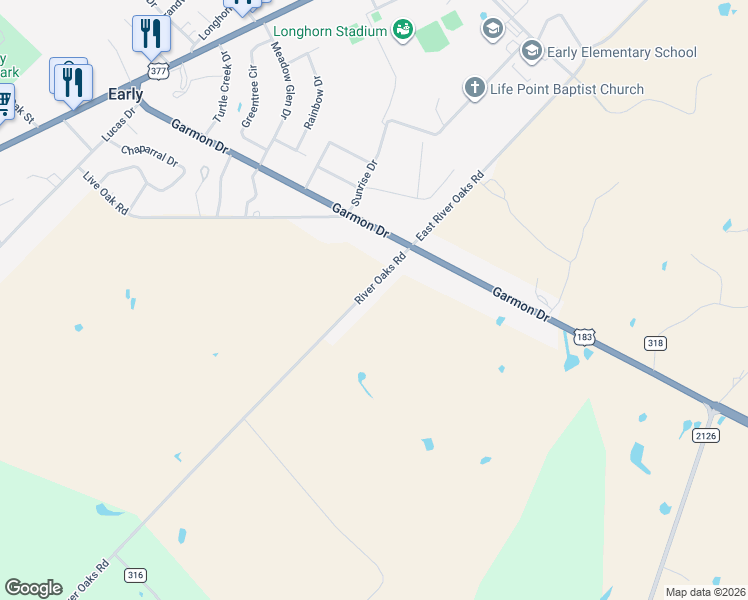 map of restaurants, bars, coffee shops, grocery stores, and more near 206 County Road 317 in Early