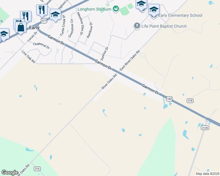 map of restaurants, bars, coffee shops, grocery stores, and more near 206 County Road 317 in Early