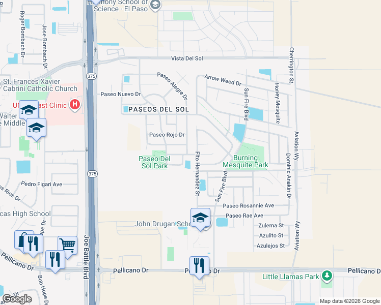 map of restaurants, bars, coffee shops, grocery stores, and more near 12501 Twin Leaf Drive in El Paso