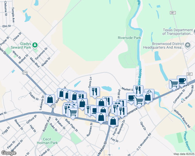 map of restaurants, bars, coffee shops, grocery stores, and more near 1500 Davis Lane in Brownwood