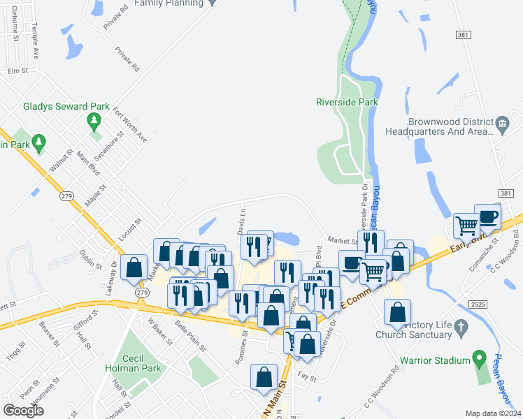 map of restaurants, bars, coffee shops, grocery stores, and more near 1500 Davis Lane in Brownwood