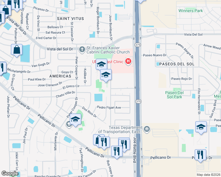 map of restaurants, bars, coffee shops, grocery stores, and more near 1501 Bob Hope Drive in El Paso