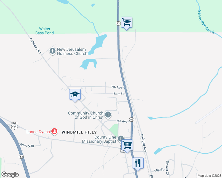 map of restaurants, bars, coffee shops, grocery stores, and more near 299 Barr Street in Brundidge