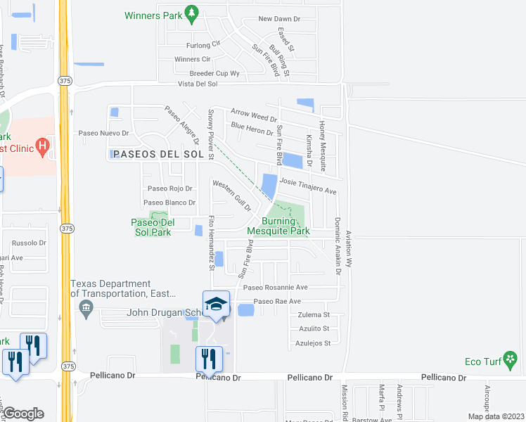 map of restaurants, bars, coffee shops, grocery stores, and more near 12580 Twin Leaf Drive in El Paso