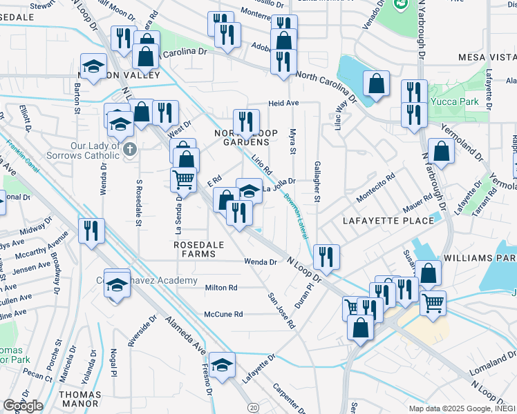 map of restaurants, bars, coffee shops, grocery stores, and more near 412 Emerson Street in El Paso
