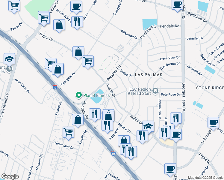 map of restaurants, bars, coffee shops, grocery stores, and more near 11601 Rojas Drive in El Paso