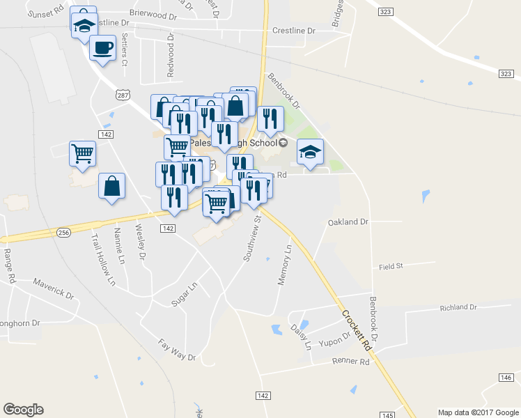 map of restaurants, bars, coffee shops, grocery stores, and more near 2201 Crockett Road in Palestine