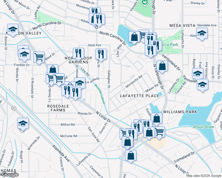 map of restaurants, bars, coffee shops, grocery stores, and more near 450 Gallagher Street in El Paso