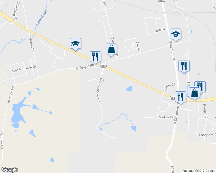 map of restaurants, bars, coffee shops, grocery stores, and more near 301 Willow Creek Parkway in Palestine