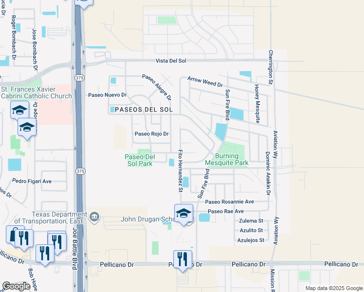 map of restaurants, bars, coffee shops, grocery stores, and more near 12500 Gus Salcido Lane in El Paso