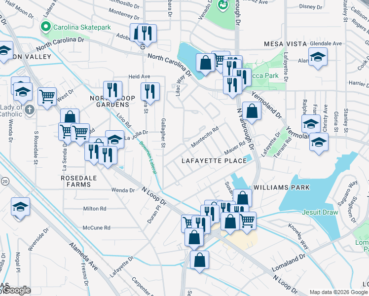 map of restaurants, bars, coffee shops, grocery stores, and more near 605 Montecito Road in El Paso