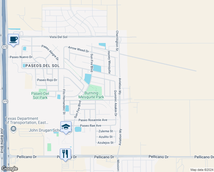map of restaurants, bars, coffee shops, grocery stores, and more near 12624 Josie Tinajero Avenue in El Paso