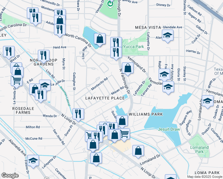 map of restaurants, bars, coffee shops, grocery stores, and more near 7868 Madrid Way in El Paso
