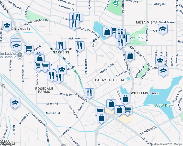 map of restaurants, bars, coffee shops, grocery stores, and more near 450 Gallagher Street in El Paso