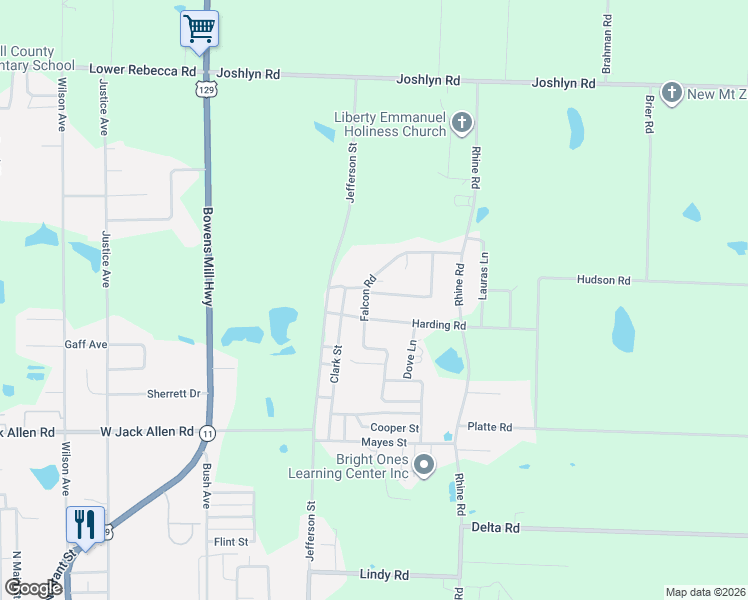 map of restaurants, bars, coffee shops, grocery stores, and more near Bluebird Way in Fitzgerald
